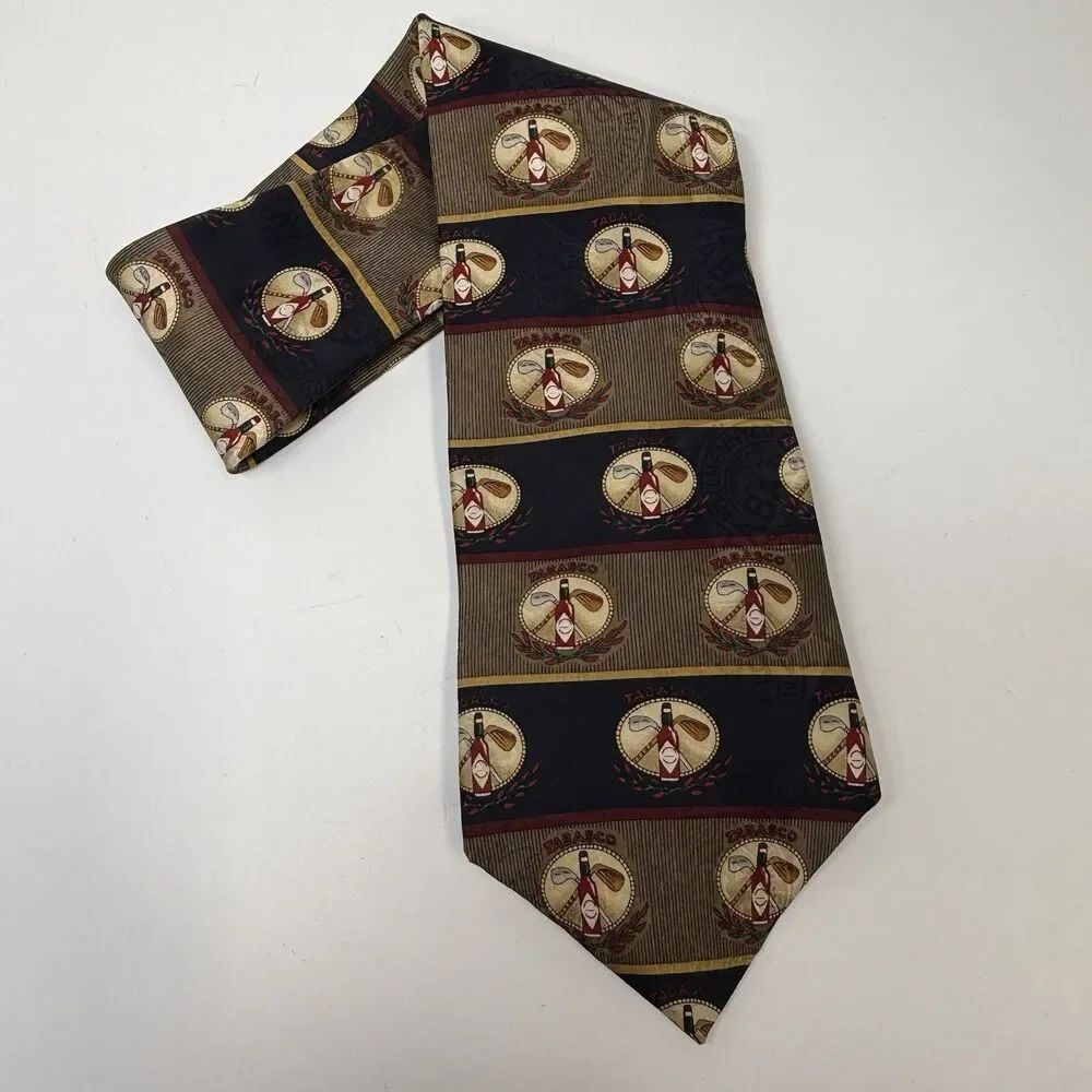 Tabasco Hot Sauce And Golf Club Theme Black Tan Red 100% Silk Neck Tie